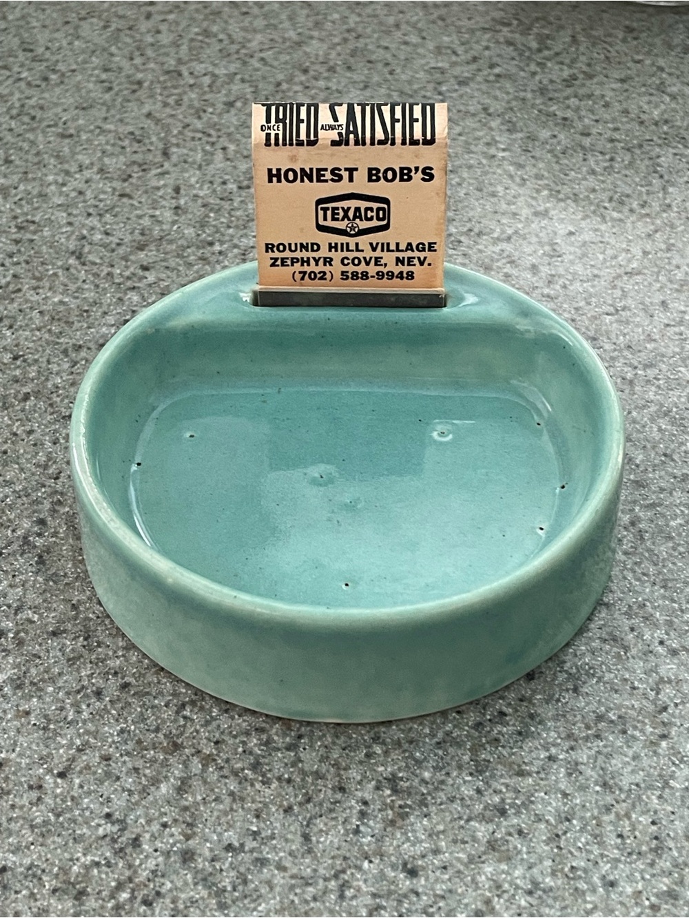 Vintage Seafoam Green Ceramic Ashtray with Las Vegas Showgirl Matchbook
